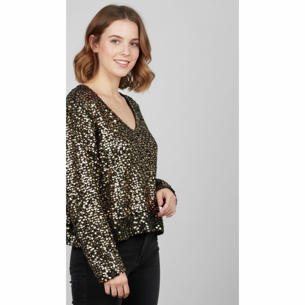 Partique New York VTG Knit Gold Sequin Cropped Boxy Sweater Pullover Jumper